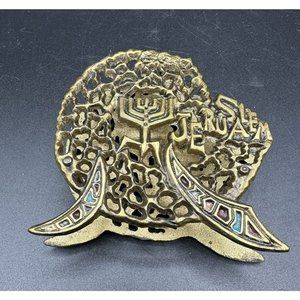 Brass w/Enamel Napkin Holder Letter Card Holder Jerusalem Vintage